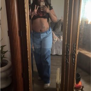 Wide leg blue multi colored jeans